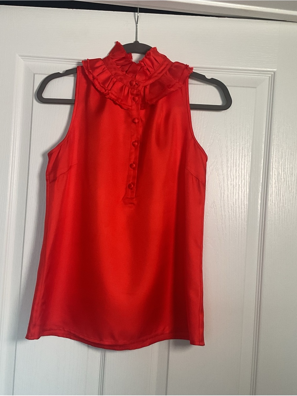 kate spade silk Vibrant Red/Orange Ruffle Neck Sleeveless Blouse, 100% silk